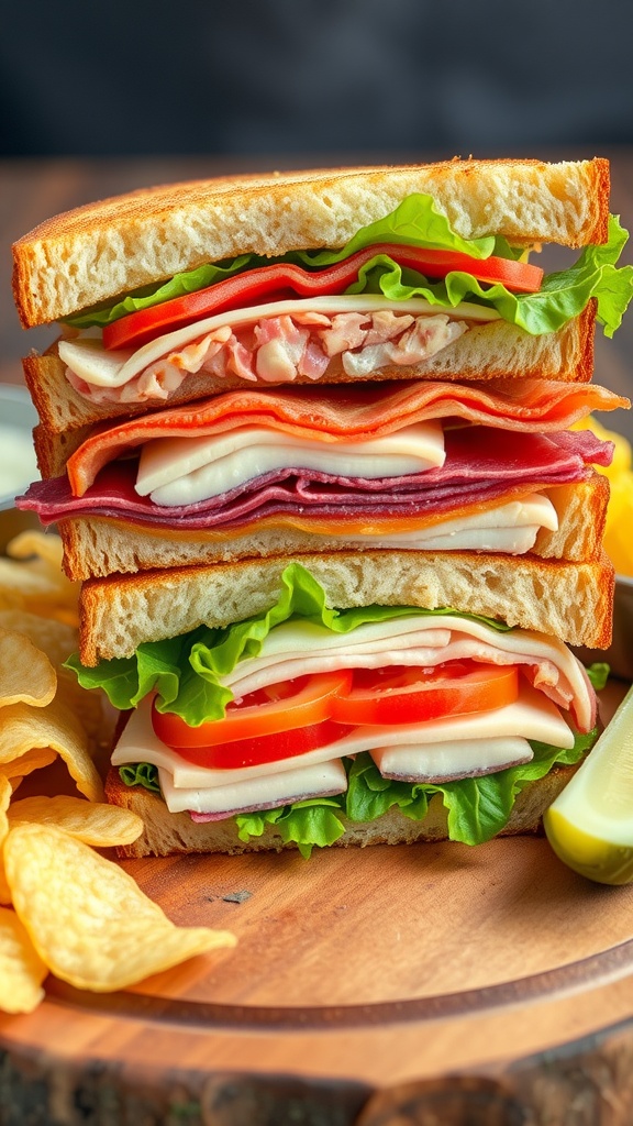 A classic club sandwich loaded with turkey, bacon, lettuce, and tomato, served with chips and a pickle.